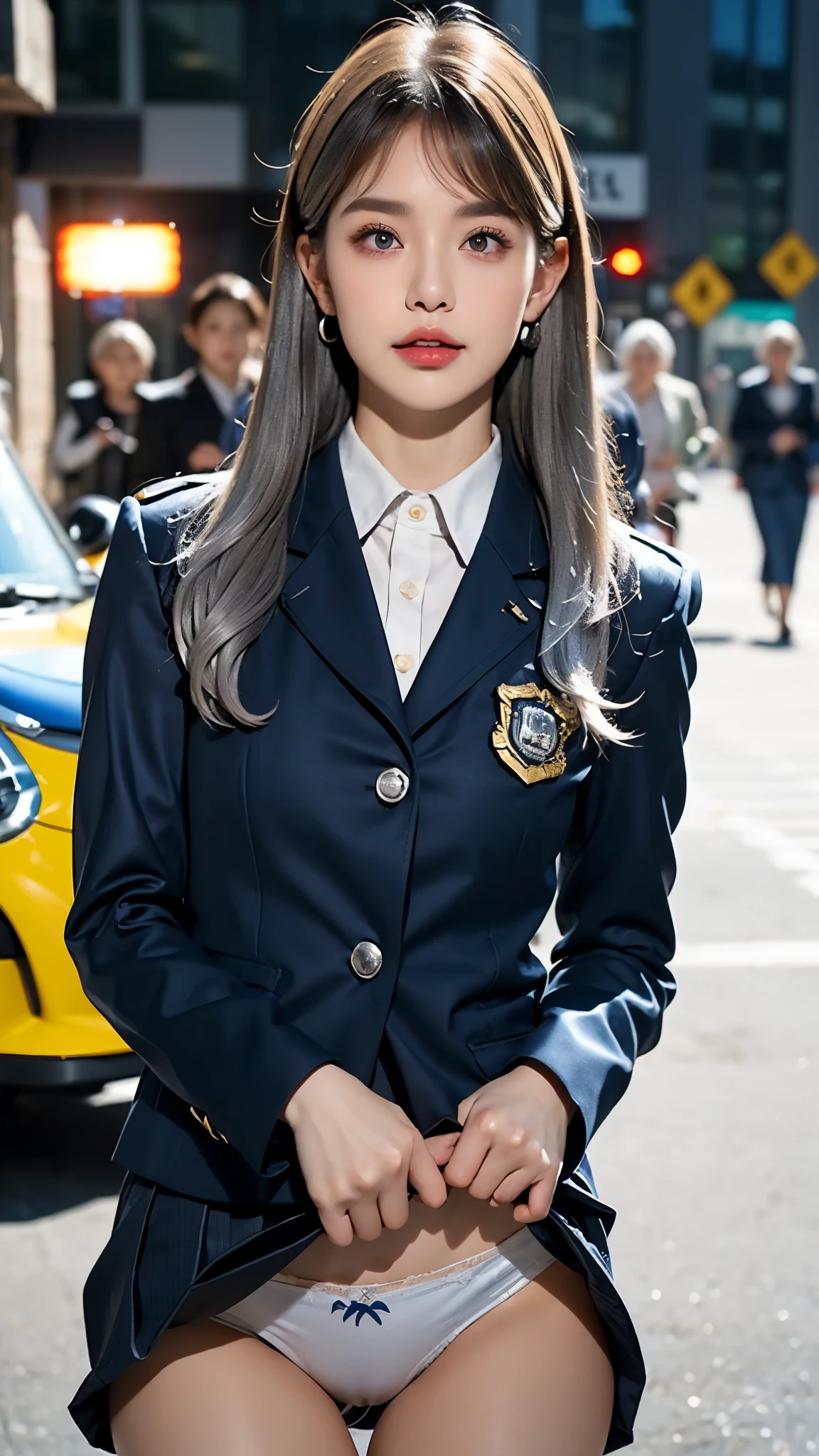 16K quality、Highest quality, It is high resolution., Real photo、((Standing posture facing forward、Full body portrait))、(((20代のSilver Hairのfemale police officer)))、(((She is rolling up her plain navy blue tight skirt with both hands.、A navy blue tight skirt rolls up、White pantiesを露出:1.5)))、((night:1.5))、((Tokyo roads、Police car))、(((Police blue uniform、Police blue blazer、Police blue mini tight skirt、Long sleeve、White panties:1.5)))、She is rolling up her micro mini tight skirt with both hands.、((Pure white high-leg panties))、(Police hat)、((Green armband))、(((Gold Button、Police emblem)))、(Police Pantyhose)、(((Beautiful silver hair、Put out your ears、Updo Hair、Mid-length hair、Silver Hair:1.2)))、((Black high heels))、Shiny earrings、choker、((blue eyes))、((Embarrassed expression、blush))、Beautiful legs、(Big eyes、No makeup、Very beautiful and subtle makeup, Light makeup,)、 Beautiful eyeshadow、Perfect body、Perfect hands、Perfect Fingers、Detailed and beautiful thin lips、A clear, beautiful face and well-proportioned eyes、Highly detailed eyes and face、Long eyelashes、double eyelid、A neat nose、Thin eyebrows、Border Light、Realistic Light、 Cute round face, Plump thighs、Accentuate your thighs、Hairstyle with bangs、Slender body、slim、Light-reflecting skin、Model body type、８Head to Body、Low - Angle、The light reflected in your eyes、Smaller face、Lip gloss、Looking away、Background blur、Movie lighting from the front、Light on face