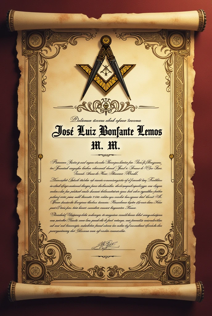 Raw Masonic diploma 33 of José Luiz Bonfante Lemos .'. M .'. M.'. written in Portuguese , no photo with the 33rd degree cross*