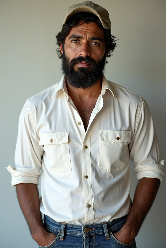 Brown-skinned man with brown eyes, black hair and beard, white shirt, jeans and a cap 