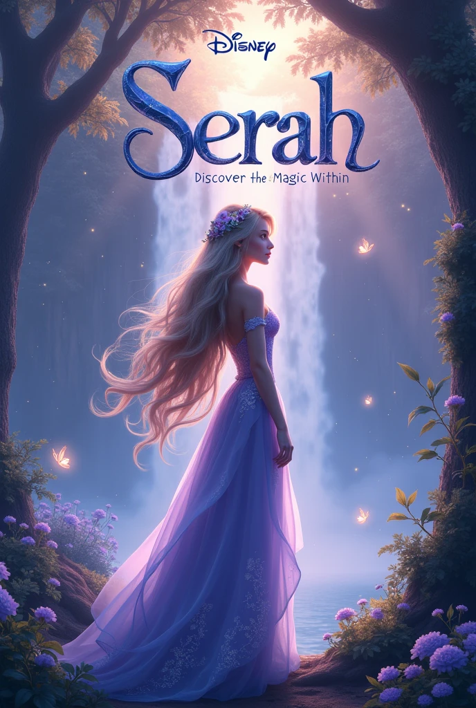 "Design a movie poster in the style of a Disney princess film titled 'Serah.' The poster should feature Serah as a graceful and courageous princess with flowing long hair, adorned with delicate, nature-inspired jewelry. She wears a regal gown in shades of soft lavender and deep blue, with intricate floral patterns and shimmering accents. Serah stands at the edge of an enchanted forest, surrounded by towering ancient trees with glowing leaves, sparkling flowers, and ethereal light filtering through the canopy. A majestic waterfall cascades in the background, with mist rising, adding to the magical atmosphere. Small, glowing creatures or fairies flutter around her, emphasizing the fantasy element. The title 'Serah' should be prominently displayed at the top in elegant, flowing typography, with a touch of fantasy-inspired detailing. At the bottom, include the tagline 'Discover the Magic Within.' The overall color palette should be soft yet vibrant, with a mix of purples, blues, and silvery tones, creating a dreamy and enchanting mood."
