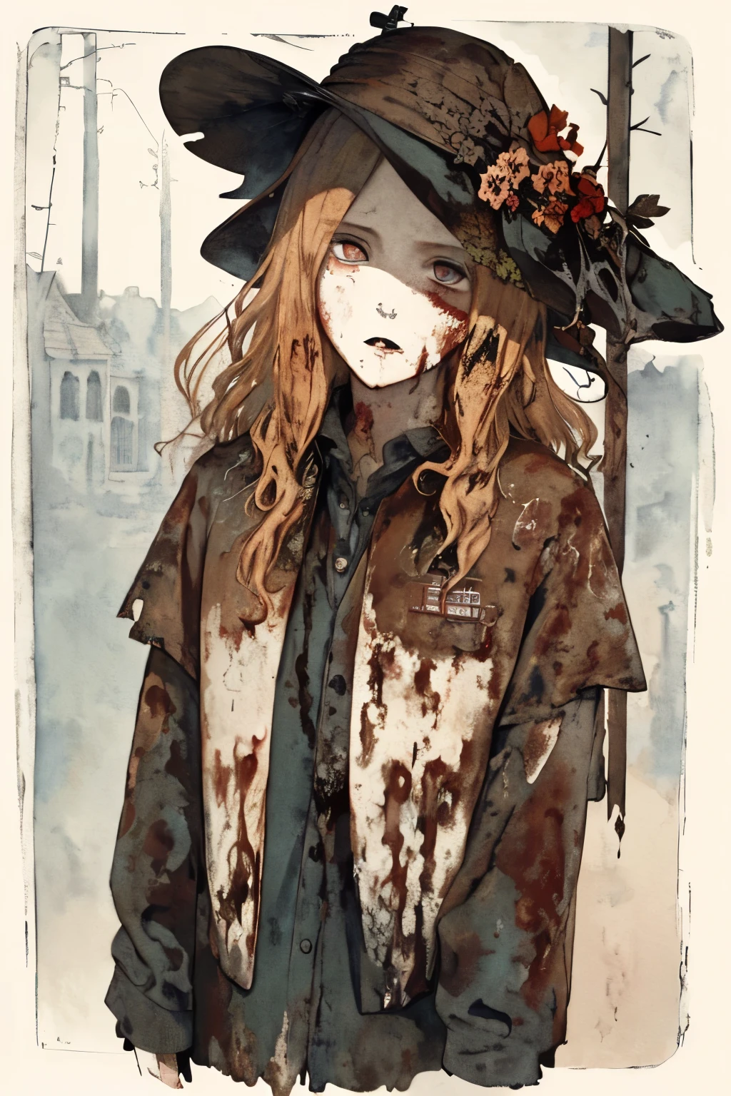 SFW,masutepiece, Best Quality, High resolution, 1girl, upper body, Details , detail hands, Detail fingers, Detail Face, detail legs, watercolor paiting, in graveyard, blonde hair, long hair, wavy hair, tattered clothes, blue eyes, zombie, skull, bone, (art nouveau:1.25), Maximalism artstyle, neon theme, suprematism, crying, beautiful detailed eyes,hyper detailed, beautifuly color, high details, high quality, back light, upper body , high quality, hair with body, cluster amaryllis, rotungwoka person, knife, in village, dead flower, bloody