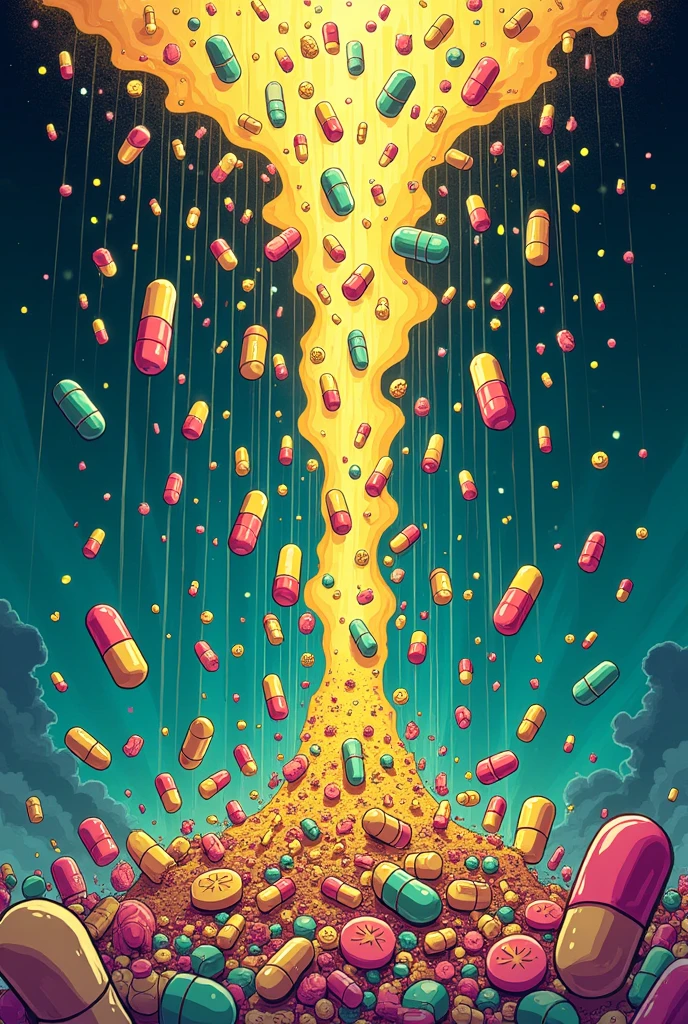 Make a rain of drugs that covers the entire image in cartoon form