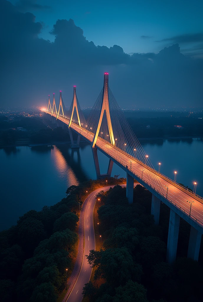 (photorealism:1.2), Padma Bridge Of Bangladesh which is made over Padma River. Please make pictures of Padma bridge from a drone camera view at night.