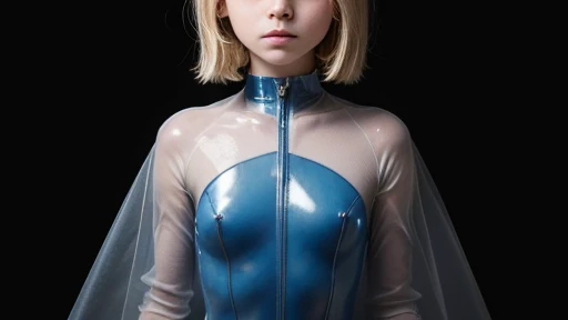 A blonde 11-year-old girl with blue eyes looks into the camera., boy with neutral face, transparent Catsuit, whole body view