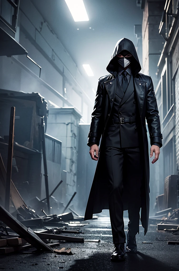 A man in a mask and long black trench coat and a standing hood, in a destroyed city at night