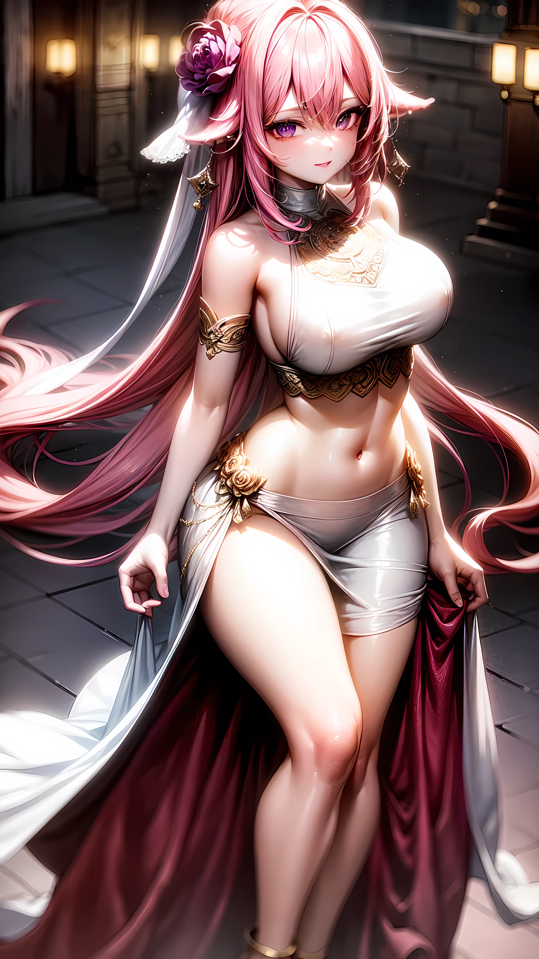 purple eyes,Wedding dress,long skirt,crop top,pink hair