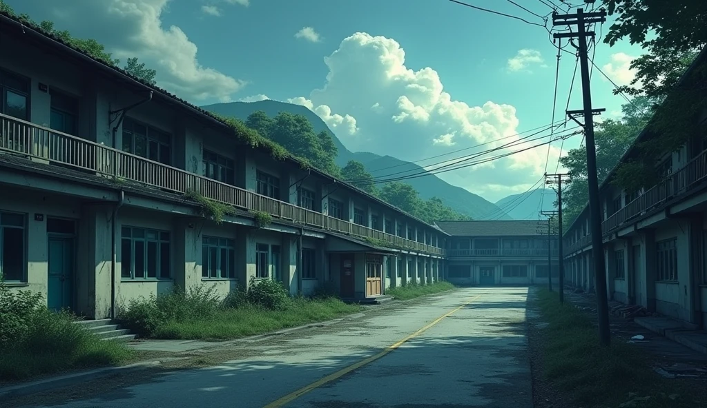 A sad japanese school abandoned who the atmospher is very dark, outside of the school views anime style, the school entrance