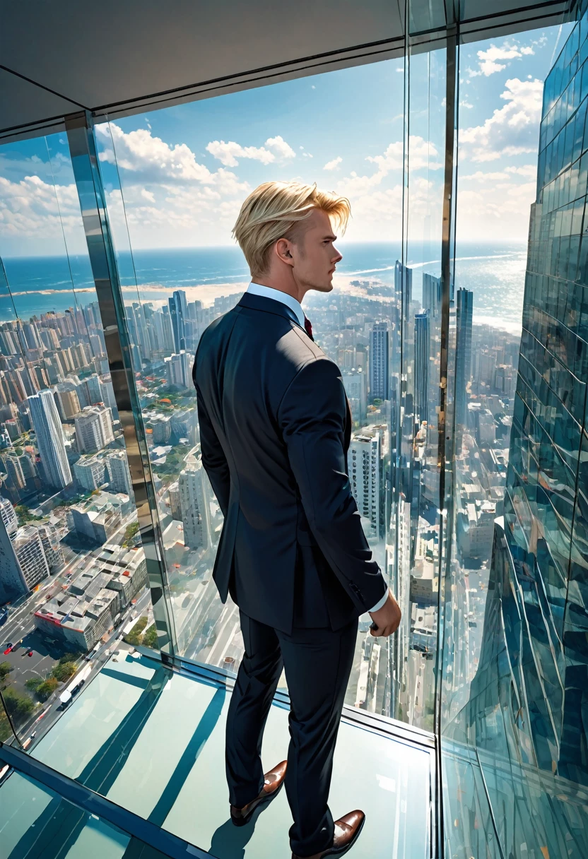 blond man in suit, Beautiful, virile body, Coast, analyzing the street through the entire glass wall at the top of the last floor of a skyscraper