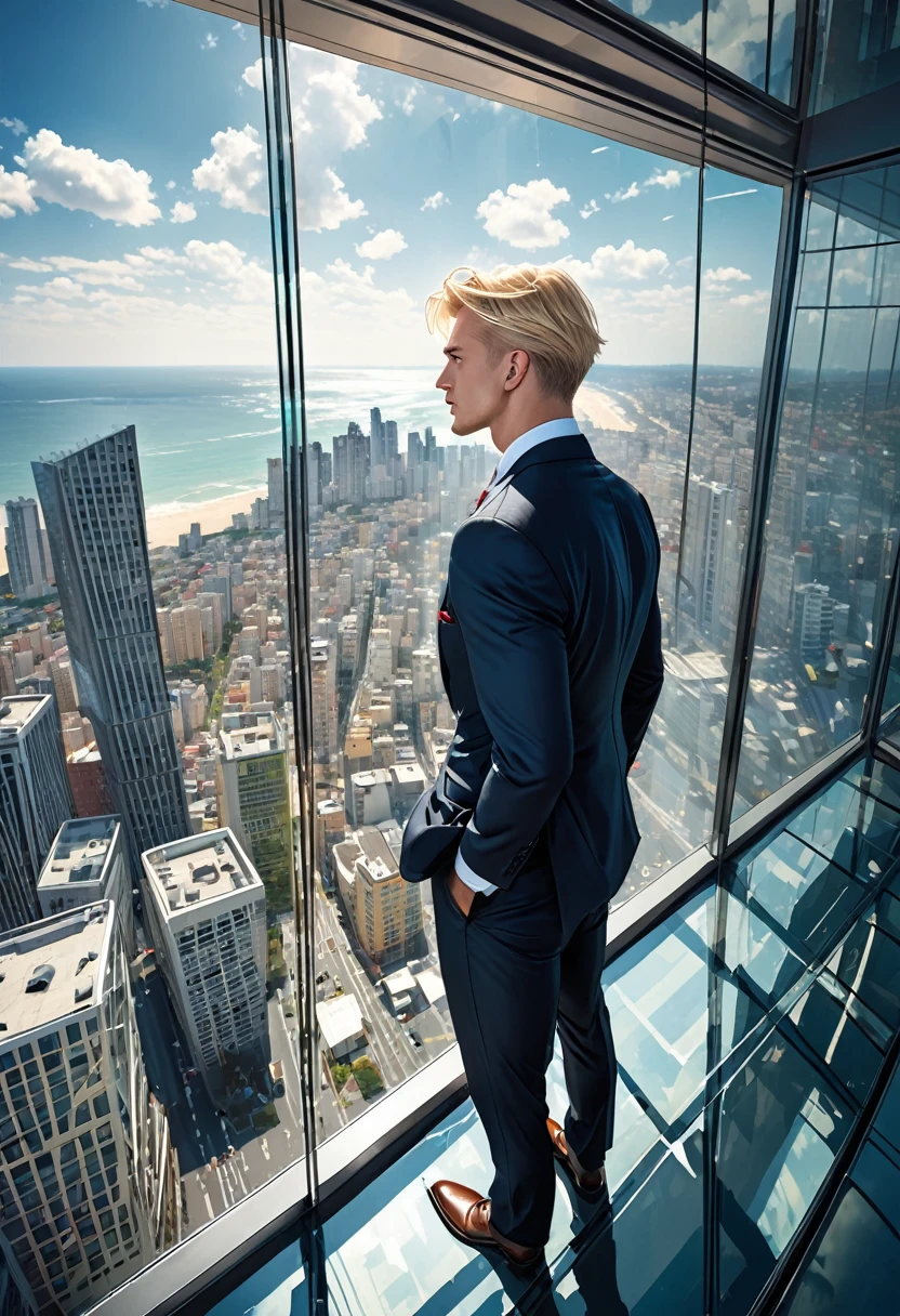 blond man in suit, Beautiful, virile body, Coast, analyzing the street through the entire glass wall at the top of the last floor of a skyscraper