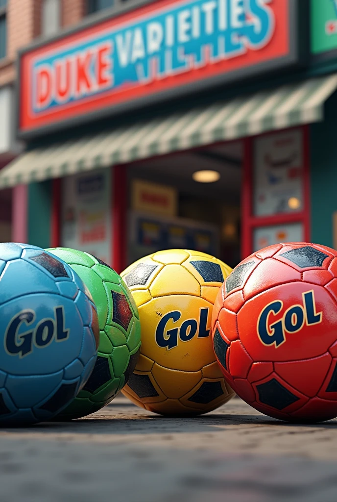 Several soccer balls with different colors, the brand Gol Gol, in the background a store with the name of Duke varieties