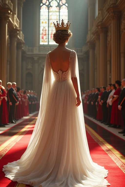 Princess Diana, dressed in white, with the state crown on her head being crowned queen 