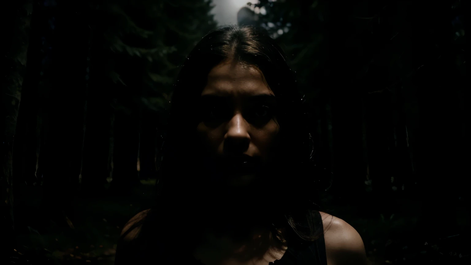 A woman facing a dark figure with an apprehensive expression, background of a dark forest, moonlight partially illuminating the scene, 16:9, thriller style, high tension, fear and intrigue.