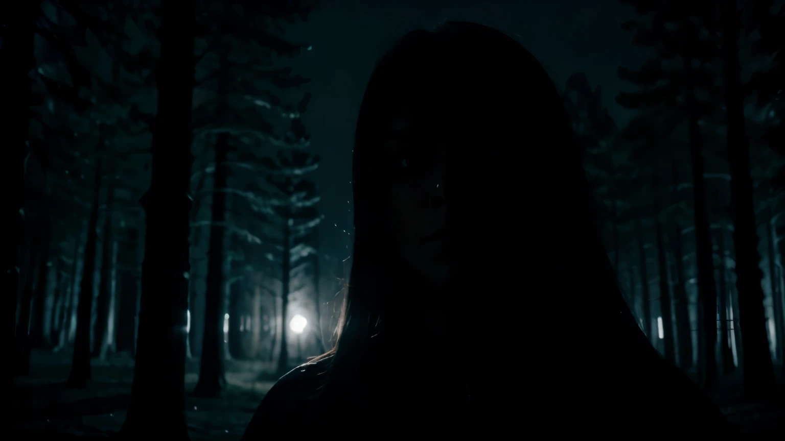 A woman facing a dark figure with an apprehensive expression, background of a dark forest, moonlight partially illuminating the scene, 16:9, thriller style, high tension, fear and intrigue.