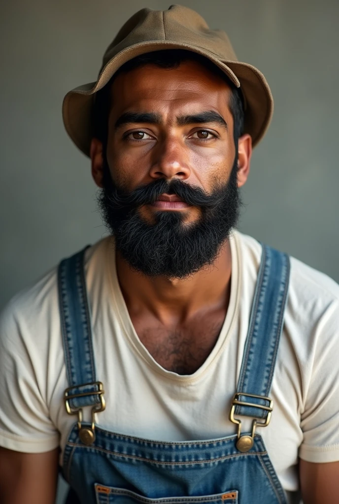 Brown-skinned man with brown eyes, black hair and beard, white shirt, jeans and a cap