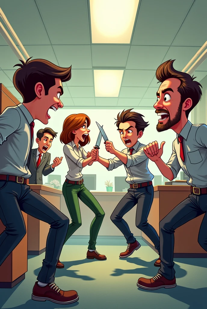 Generate a drawing of five people in an office, that there are three men and two women, Two of them are fighting with knives and the other three are cheering them on, and the style should be animated.