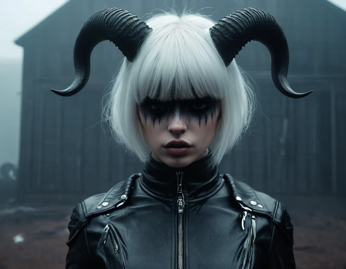 (Best Quality,hight resolution,Masterpiece, full body view:1.2),Ultra-detailed,demon woman with horns,dressed in a loose gothhic black leather straitjacket,standing in a horror sci fi scenario,horror sci fi aesthetic,gloomy ecstasy,fetish,dark gloomy atmosphere,gritty texture,Retro-atmosphere,warped reality,melancholic expression on his face,mysterious aura,foggy atmosphere,foggy background,Subtle color palette,provocative pose,Strong emotions,Coming Out of the Depths of Despair,Piercing gaze,intense shadows,Plunged in Darkness,dark industrial aesthetic,ominous vibe,A supernatural sensation,Loss of Place in Time and Space,Eerie silence.asymmetrical bangs, freckles, white short hair, Bangs, freckles, gray eyes, full body