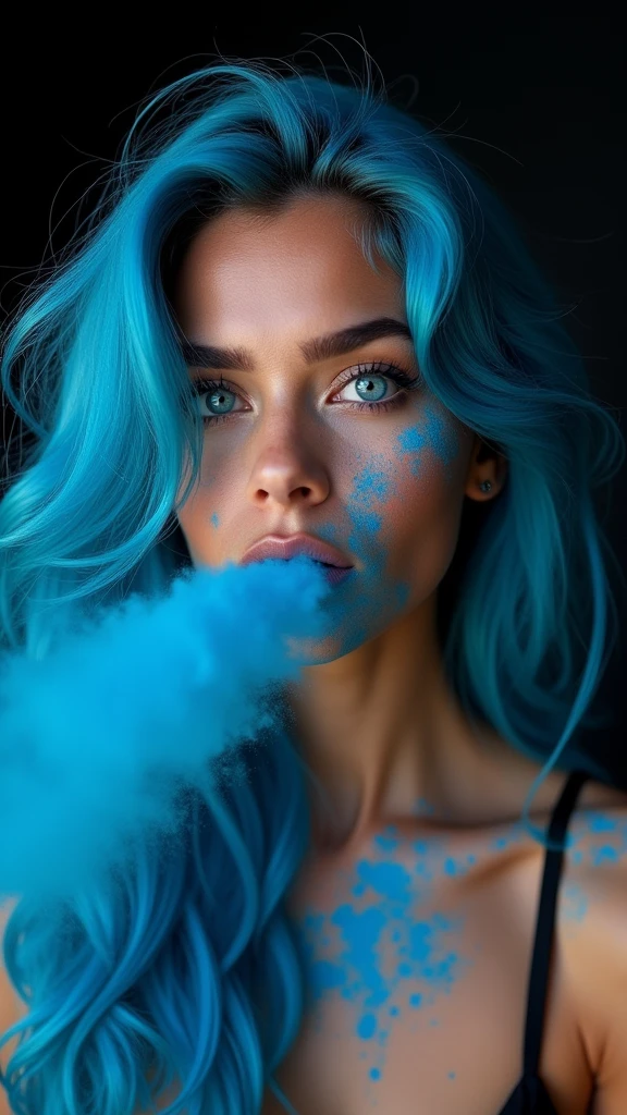 a beautiful biracial latina woman, long wavy blue hair, light blue eyes,De Côté, blow blue powder for the word "BlueKaria", in a black background,Résolution Haute, 