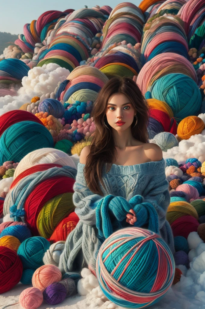 masterpiece, best quality, 1 girl with Brown britgh hair and green eyes,  giant yarn ball