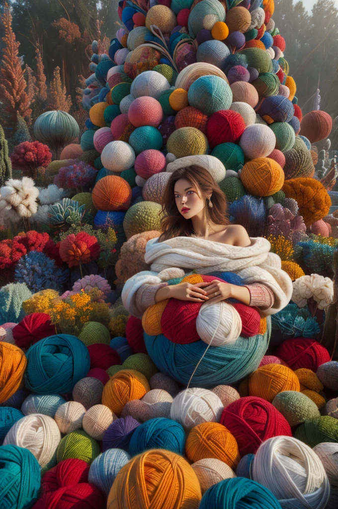 masterpiece, best quality, 1 girl with Brown britgh hair and green eyes,  giant yarn ball