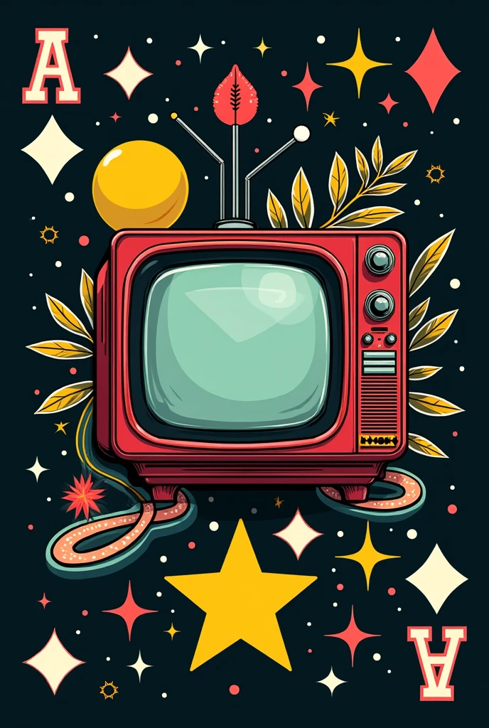 I would like a wallpaper in the style of a playing card, with several elements in the 50s rhetoric style, and I want to have a TV with antennas, and with the letters A B H S, and details in yellow red and black, and all this with a dark background, and in cartoon style