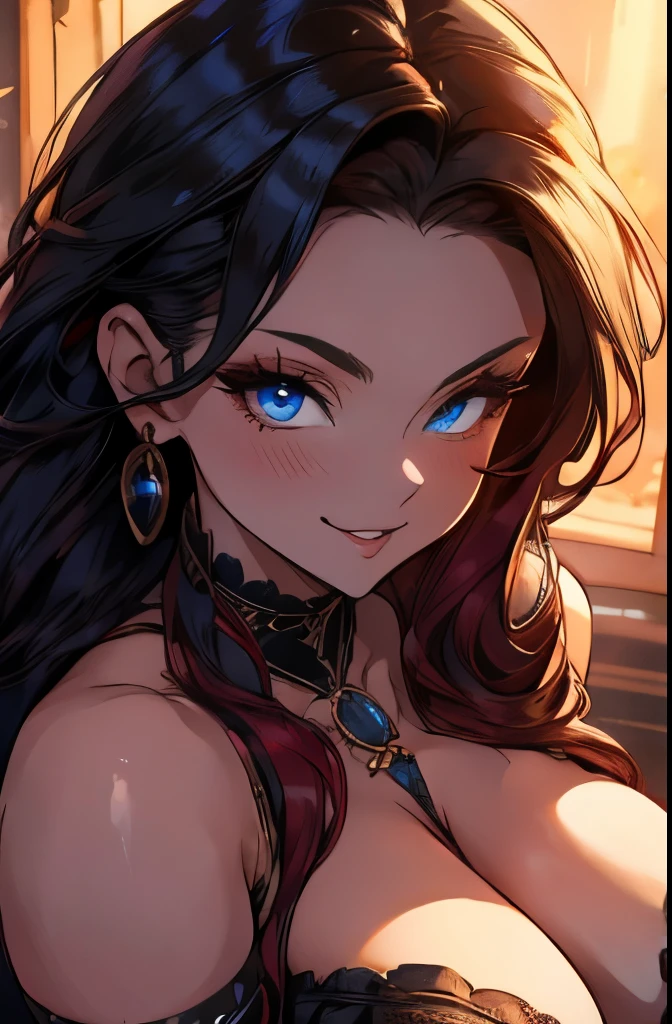 A glamour portrait of a smiling Vampire Princess, wearing VERY revealing clothing, corset, highly detailed and realistic eyes, Anime Blue eyes, a seductive gaze, long thick hair, a curvy figure, wide hips, round ass, seductive expression, open chest, bikini, Pose, Sexy, , Tight, Hourglass figure, Kiss lips, Smiling, Flirting, posing for an model photoshoot, realistic style, sharp focus, HD, UHD