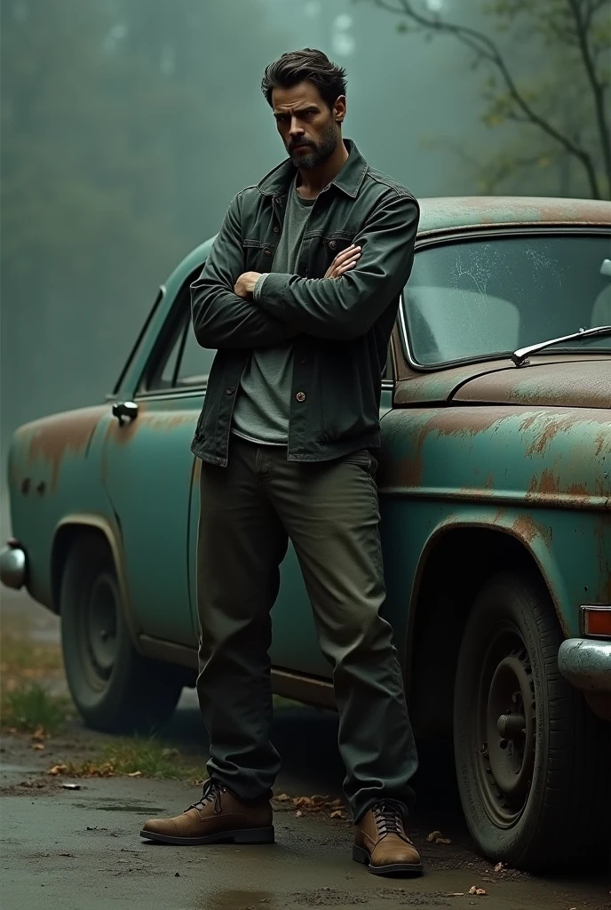 a man of dubious appearance with his arms crossed standing by an old car