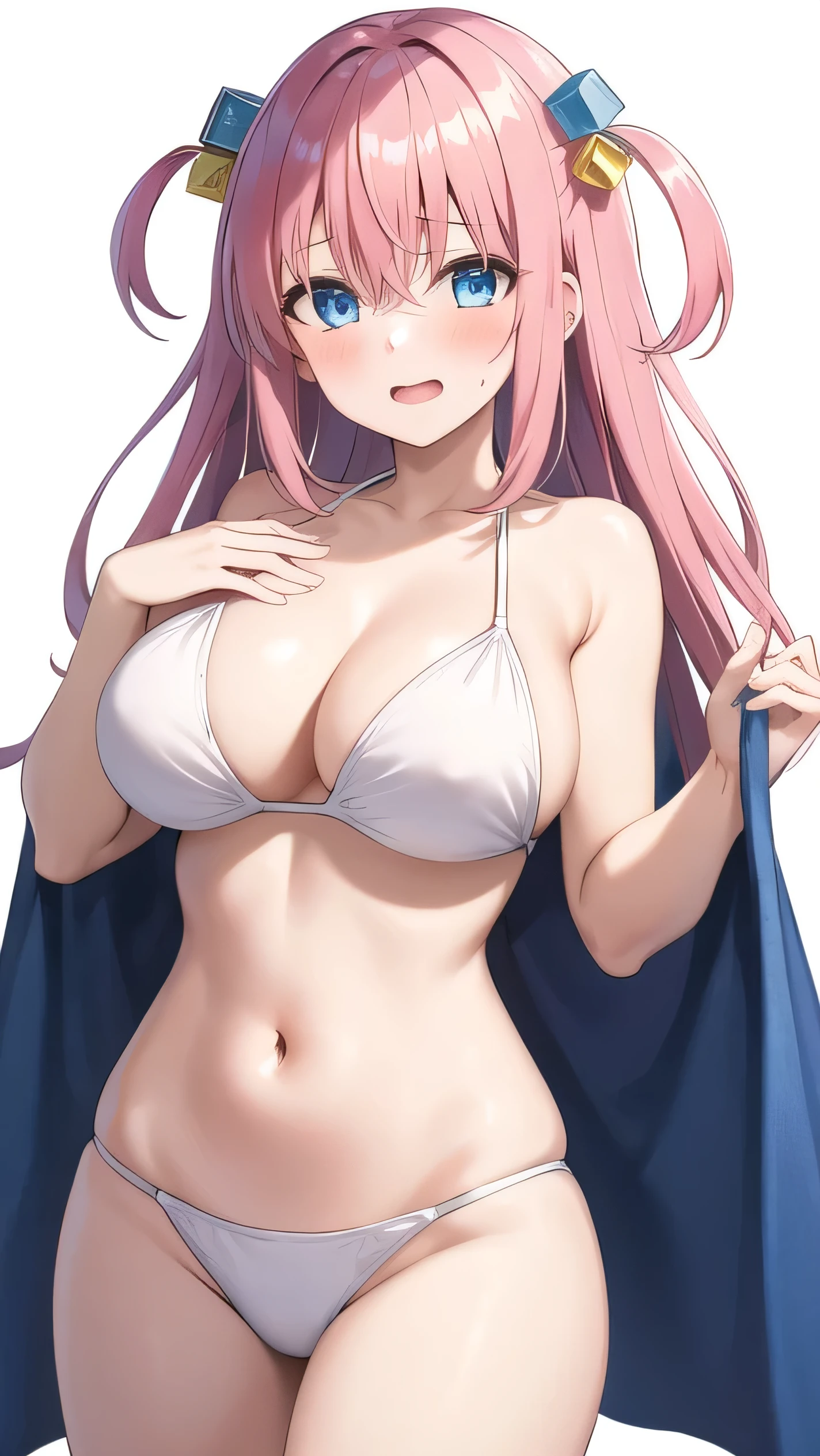 gotoh hitori, 1girl, solo, long hair, looking at viewer, blush, open mouth, blue eyes, large breasts, simple background, white background, navel, cleavage, hair between eyes, bare shoulders, collarbone, swimsuit, pink hair, bikini, cowboy shot, one side up, white bikini, hand on own chest, cube hair ornament