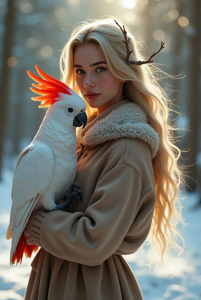 a beautiful girl with long blonde hair, detailed eyes, nose, and lips, in the snow with a pink and white cockatoo with red wings on its head in her arms, a woman who looks like alisha lehmann, realistic, (best quality,4k,8k,highres,masterpiece:1.2),ultra-detailed,(realistic,photorealistic,photo-realistic:1.37),detailed facial features, beautiful flowing hair, soft skin, snow covered forest background, warm lighting, depth of field, intricate details, cinematic composition, dramatic lighting, muted color palette, atmospheric haze
