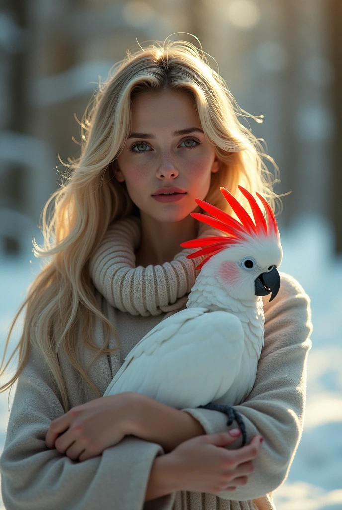 a beautiful girl with long blonde hair, detailed eyes, nose, and lips, in the snow with a pink and white cockatoo with red wings on its head in her arms, a woman who looks like alisha lehmann, realistic, (best quality,4k,8k,highres,masterpiece:1.2),ultra-detailed,(realistic,photorealistic,photo-realistic:1.37),detailed facial features, beautiful flowing hair, soft skin, snow covered forest background, warm lighting, depth of field, intricate details, cinematic composition, dramatic lighting, muted color palette, atmospheric haze