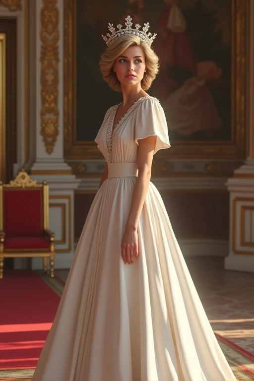 Princess Diana, dressed in white, with the state crown on her head being crowned queen 