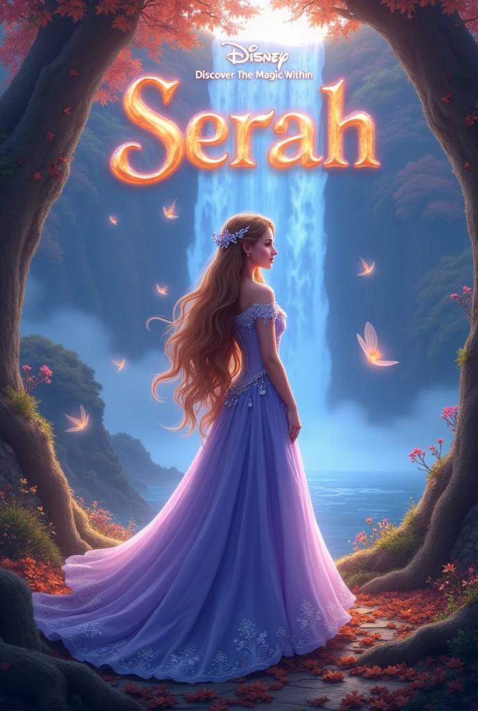 "Design a movie poster in the style of a Disney princess film titled 'Serah.' The poster should feature Serah as a graceful and courageous princess with flowing long hair, adorned with delicate, nature-inspired jewelry. She wears a regal gown in shades of soft lavender and deep blue, with intricate floral patterns and shimmering accents. Serah stands at the edge of an enchanted forest, surrounded by towering ancient trees with glowing leaves, sparkling flowers, and ethereal light filtering through the canopy. A majestic waterfall cascades in the background, with mist rising, adding to the magical atmosphere. Small, glowing creatures or fairies flutter around her, emphasizing the fantasy element. The title 'Serah' should be prominently displayed at the top in elegant, flowing typography, with a touch of fantasy-inspired detailing. At the bottom, include the tagline 'Discover the Magic Within.' The overall color palette should be autumn,soft and cosy