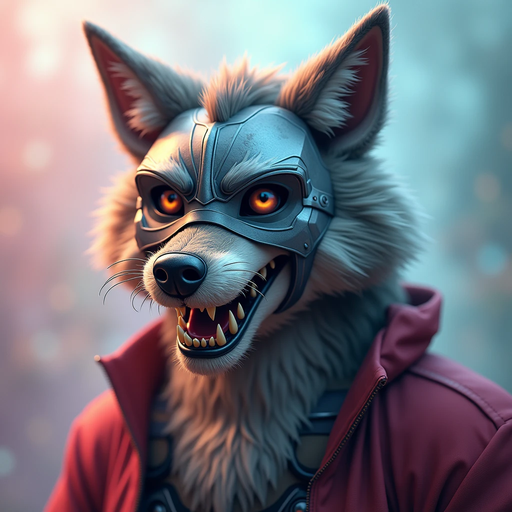 a whimsical caricature of an anthropomorphic werewolf wearing a thor mask, soft pastel colors, ethereal punk atmosphere, Looney Tunes art style, cartoon character, digital art, character design, hyperrealistic, detailed portrait, highly detailed, 4k, 8k, photorealistic, masterpiece, best quality