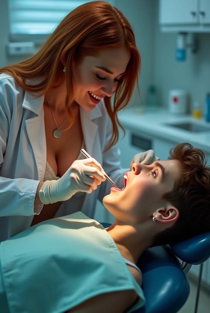 Robô de Seaart Txt2Img Estúdio Detalhe magnífico, 8K Photos, hyper- realism, realistic background, visual depth, wide angle lens, professional light. "{a one woman [dentist], age 28, natural redhead, Linda, attending a [Patient]  18 year old ager.} {a [desist] have very big breasts, is wearing a slightly open lab coat, slightly open, showing part of her lace bra and her large breasts. As he bends down to look at the teeth of the [Patient] using a dental spatula.} {or [Patient] have pimples on your face, An 18-year-old face, low hair. He is lying down with his mouth wide open. a espatula está dentro de sua boca. He is excited looking directly at the breasts of [dentist].} {a cena se passa num consultorio odontológico.}