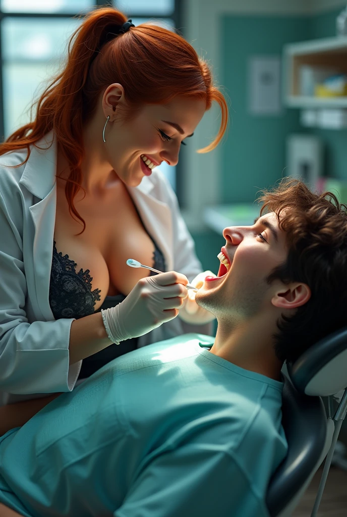 Robô de Seaart Txt2Img Estúdio Detalhe magnífico, 8K Photos, hyper- realism, realistic background, visual depth, wide angle lens, professional light. "{a one woman [dentist], age 28, natural redhead, Linda, attending a [Patient]  18 year old ager.} {a [desist] have very big breasts, is wearing a slightly open lab coat, slightly open, showing part of her lace bra and her large breasts. As he bends down to look at the teeth of the [Patient] using a dental spatula.} {or [Patient] have pimples on your face, An 18-year-old face, low hair. He is lying down with his mouth wide open. a espatula está dentro de sua boca. He is excited looking directly at the breasts of [dentist].} {a cena se passa num consultorio odontológico.}