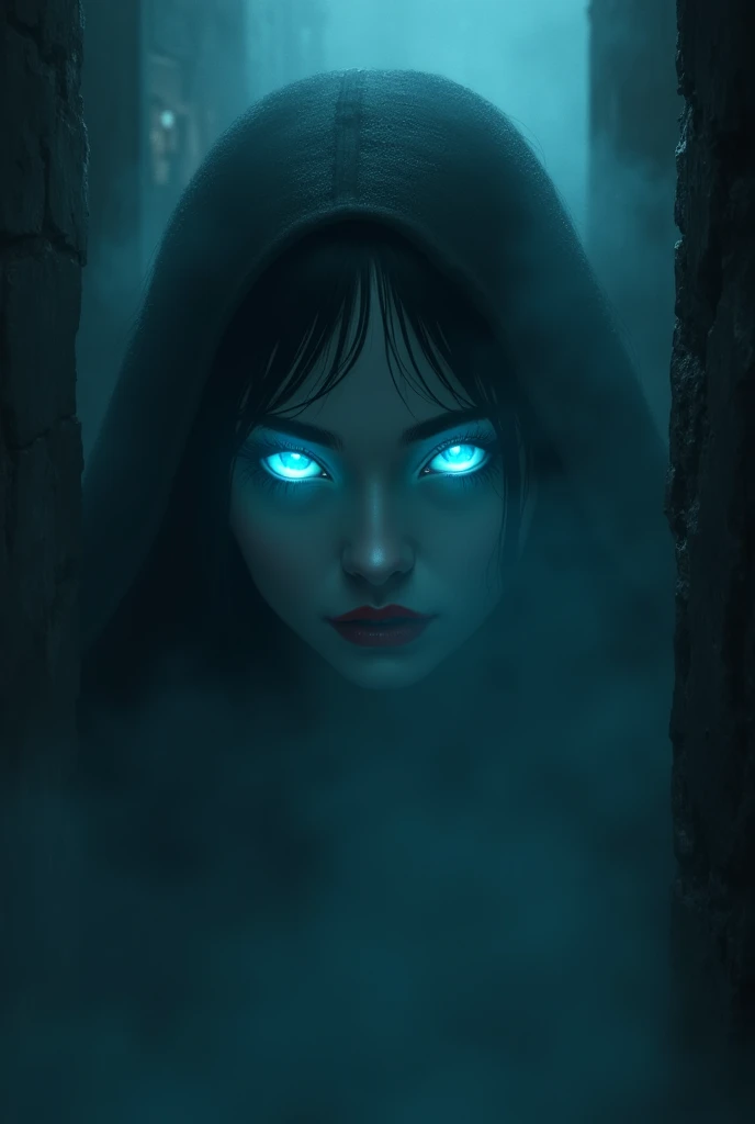 fantasy comic art fog hiding female vampire, you only see a pair of glowing blue glowing eyes )) close up picture, (((the fog hides the face))),  red lips, ((vampire fangs: 1.5)), you see only the glowing eyes , you see only the pair of eyes, fantasy dark alley background, the fog fills the alley, you see only the glowing eyes 