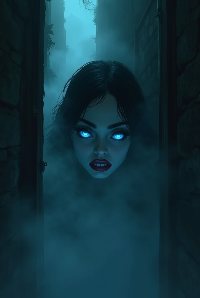 fantasy comic art fog hiding female vampire, you only see a pair of glowing blue glowing eyes )) close up picture, (((the fog hides the face))),  red lips, ((vampire fangs: 1.5)), you see only the glowing eyes , you see only the pair of eyes, fantasy dark alley background, the fog fills the alley, you see only the glowing eyes 