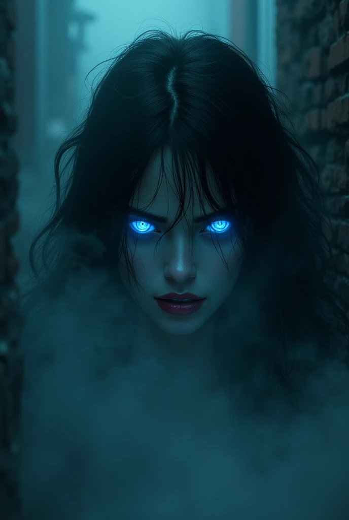 fantasy comic art fog hiding female vampire, you only see a pair of glowing blue glowing eyes )) close up picture, (((the fog hides the face))), red lips, ((vampire fangs: 1.5)), you see only the glowing eyes , you see only the pair of eyes, fantasy dark alley background, the fog fills the alley, you see only the glowing eyes