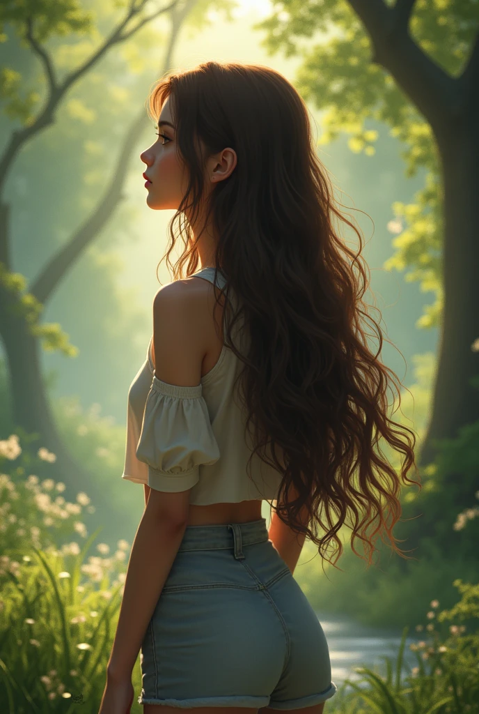 Create a woman with her back to you, with brown hair, 19 years old.