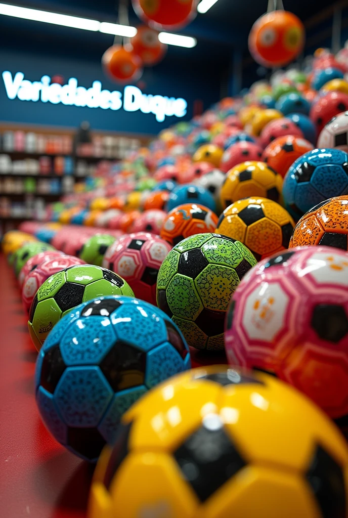 Several soccer balls with different colors, the brand gol-gol, in the background a store with the name Variedades Duque in Spanish.