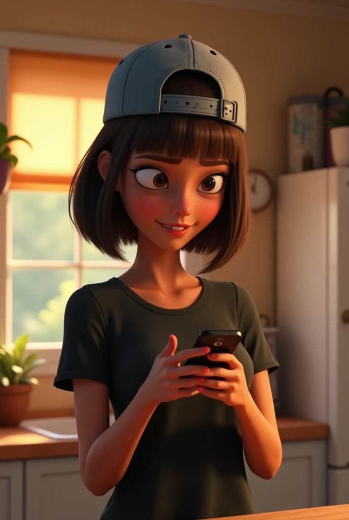 ( Personagens) of male animated film in the Disney Pixar style, high qualiy, best qualityer , beautiful face brown skin, short straight hair , beautiful eyebrow , wears black shirt , wears a backwards cap, is messing with her smartphone, in the kitchen of her house