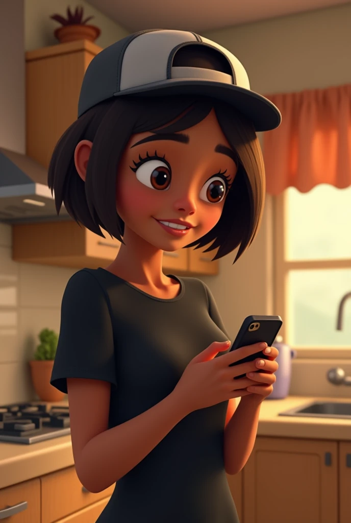 ( Personagens) of male animated film in the Disney Pixar style, high qualiy, best qualityer , beautiful face brown skin, short straight hair , beautiful eyebrow , wears black shirt , wears a backwards cap, is messing with her smartphone, in the kitchen of her house