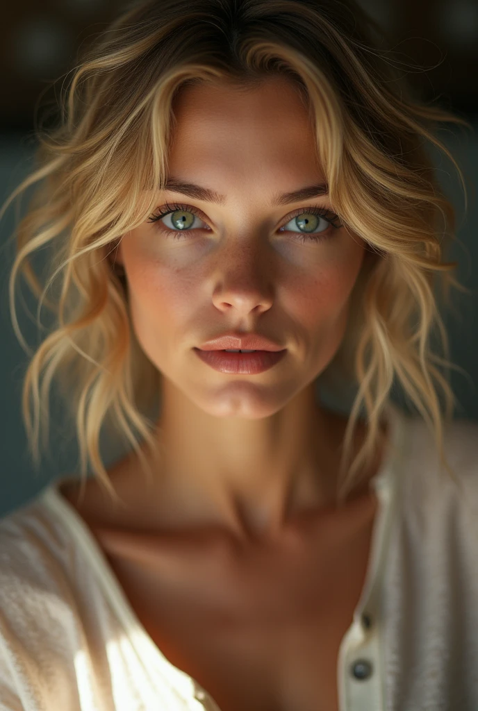Une jeune et belle femme, coiffure cheveux blonds，Il tombe doucement sur vos épaules en vagues., moyen-élevé, grands yeux verts regard perçant, à la peau claire, J&#39;étais en pyjama, Elle était au lit, Prenez soin de vos cheveux avant d&#39;aller au lit., L&#39;environnement est éclairé par des lumières chaudes et agréables..，fais briller tes cheveux, Son visage était naturellement serein., lèvres avec rouge à lèvres, Texture 8k, très détaillé, réaliste, lumière douce et cinématographique, HDR, netteté, chef-d&#39;œuvre, Fotor est réaliste, photographie primée, un Canon EOS R5, 35 millimètres
