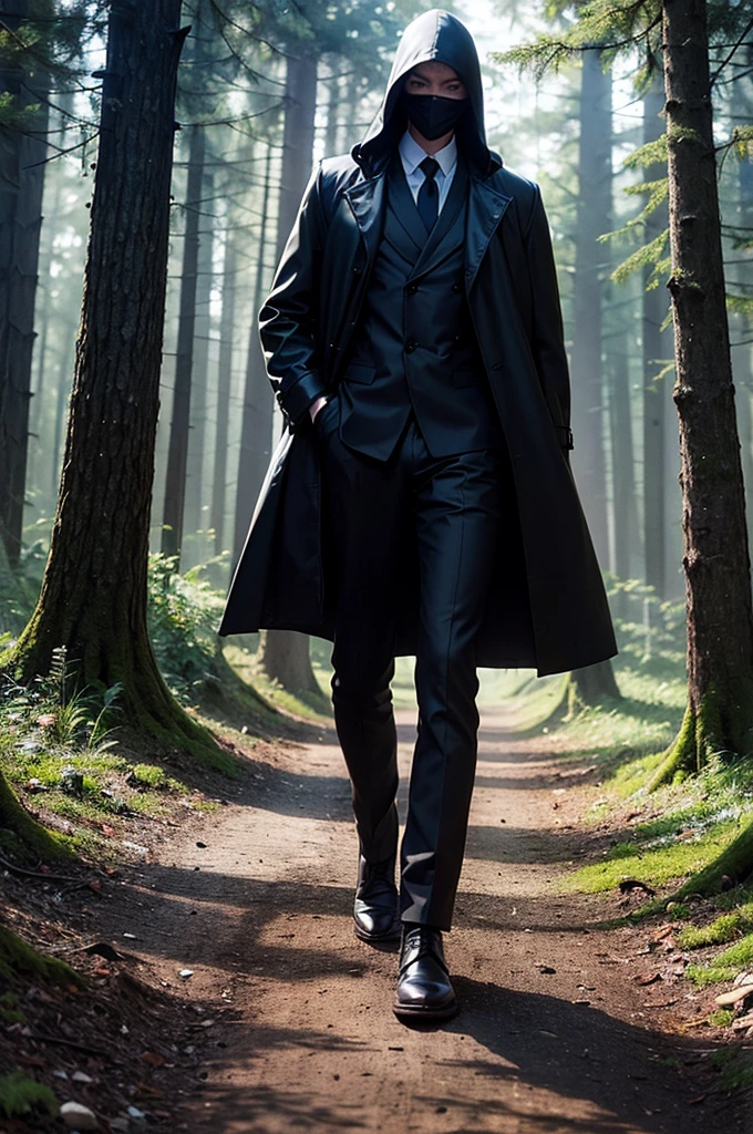 A man in a mask and long black trench coat and with a standing hood, in a forest destroyed at night