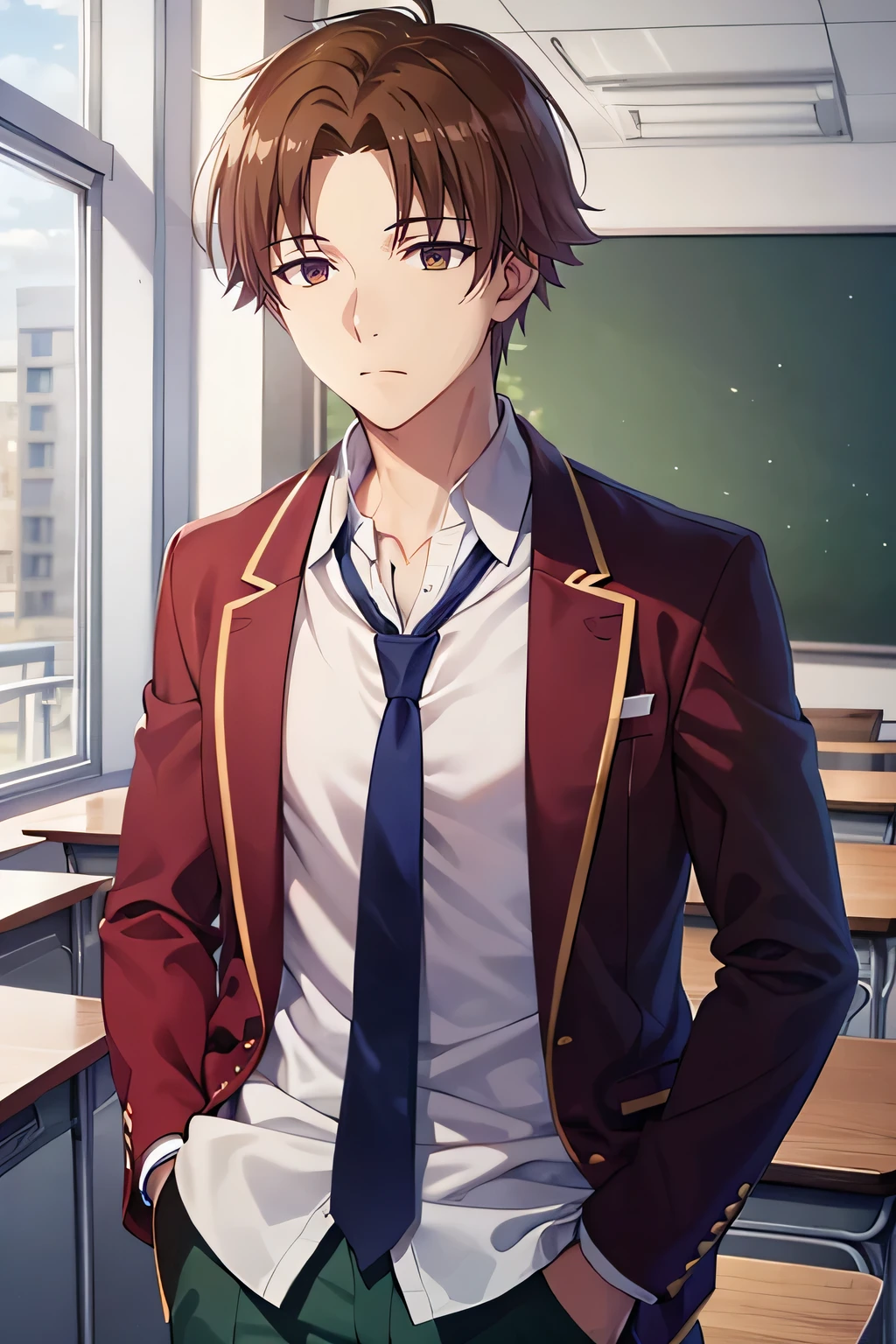 1boy, kiyotaka ayanokoji, brown eyes, white shirt, red blazer, blue necktie, green pants, hand in pocket, photography, hdr, classroom, chalkboard, 