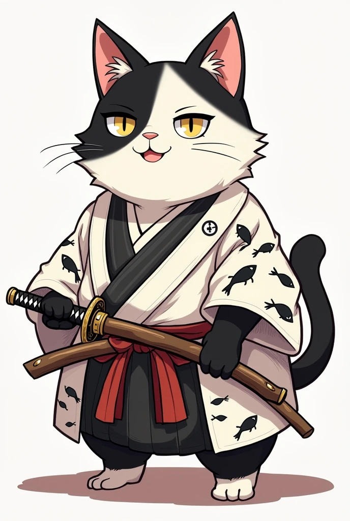 Animated samurai cat, biped, plumpness, with a brave face. The coloration of its fur should be half white and half black, The right side is white and the left side is black, The outline of the right eye should be black and the left eye white. Wearing a white kimono with black fish. Use manga drawing lines. In addition, should use a katana and the waist sash should be thick.