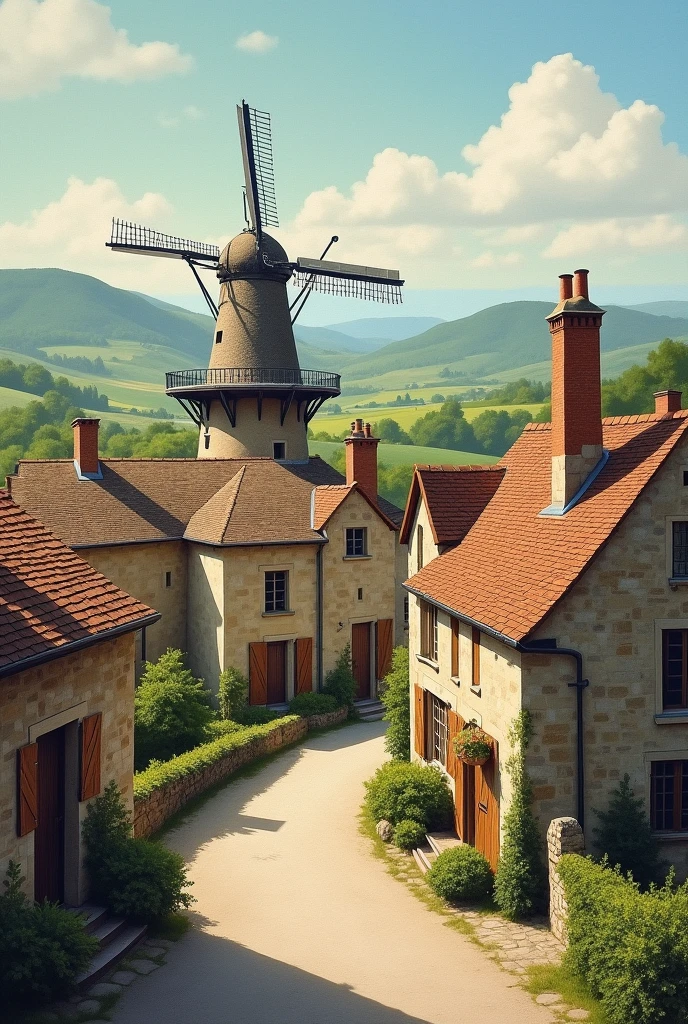 A painted tableau of the village of Lautrec in the Tarn with the windmill
