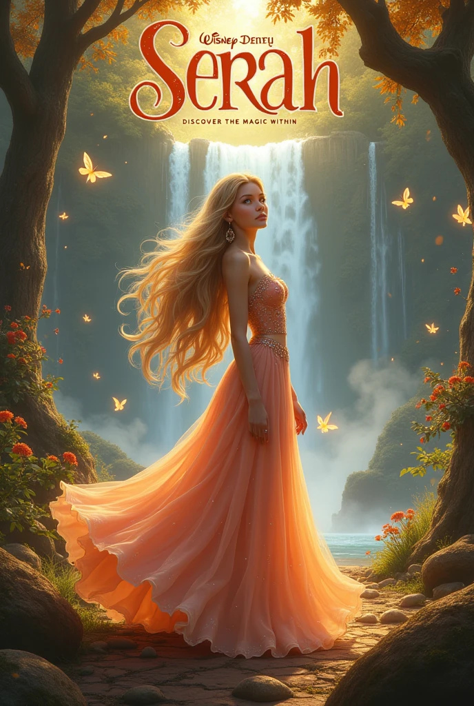 "Design a movie poster in the style of a Disney princess film titled 'Serah.' The poster should feature Serah as a graceful and courageous princess with flowing long hair, adorned with delicate, nature-inspired jewelry. She wears a regal gown in shades of soft peach and deep orange, with intricate floral patterns and shimmering accents. Serah stands at the edge of an enchanted forest, surrounded by towering ancient trees with glowing leaves, sparkling flowers, and ethereal light filtering through the canopy. A majestic waterfall cascades in the background, with mist rising, adding to the magical atmosphere. Small, glowing creatures or fairies flutter around her, emphasizing the fantasy element. The title 'Serah' should be prominently displayed at the top in elegant, flowing typography, with a touch of fantasy-inspired detailing. At the bottom, include the tagline 'Discover the Magic Within.' The overall color palette should be autumn,soft and cosy