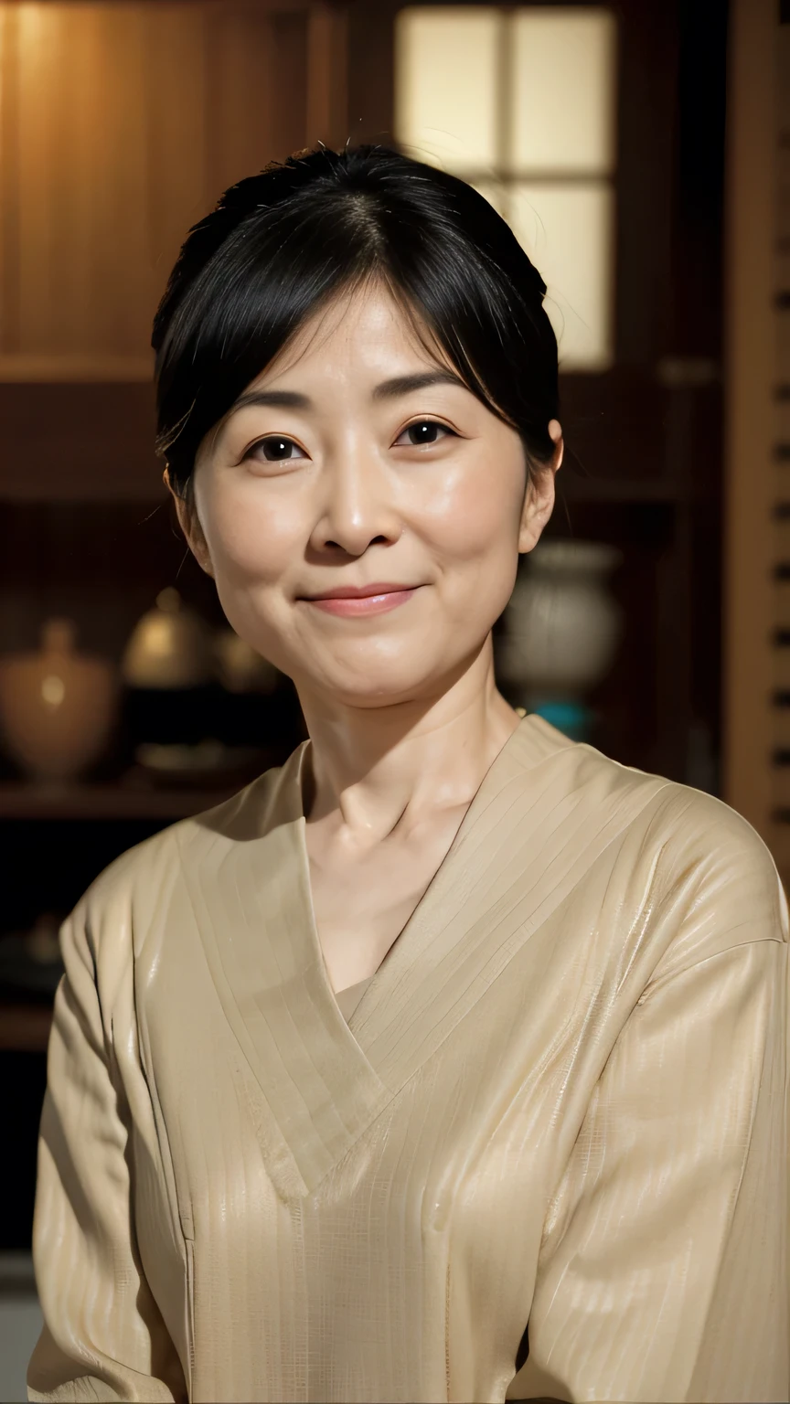 Portraiture、8k、high quality、Realistic Photographic Images、49 years old、Japanese women、A good wife、Close-up photo with focus on face、housewife、Natural and realistic eyes、Japanese Stand、Beautiful black hair、short hair、light makeup、Octane Rendering、Beautiful lighting、Golden ratio composition、Laughter、beige、Plain、Formal suit、Natural background、Blurred Background、high resolution、Pure Japanese humanity、Beautiful wife、a little heavy makeup、Pure beauty、Private Server、smile、Small black eyes、Background blur
