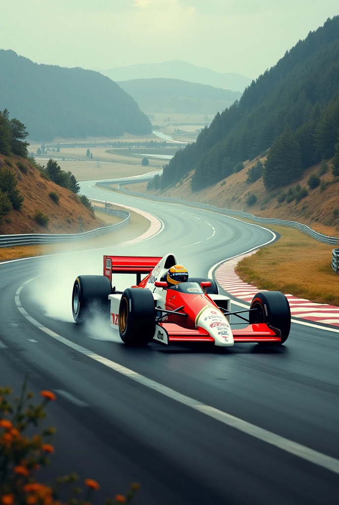 Ayrton Senna racing on a Formula 1 track, with him in the background of the image also to represent the whole track, the image must be large and rectangular with 5 meters wide