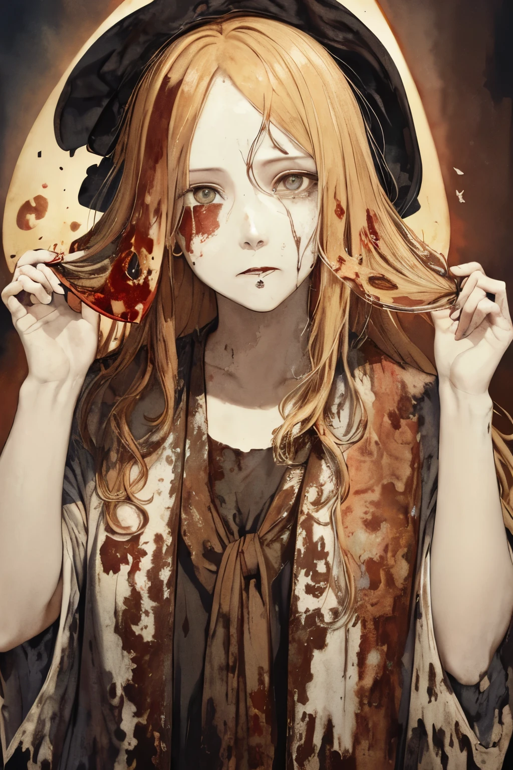 SFW,masutepiece, Best Quality, High resolution, 1girl, upper body, Details , detail hands, Detail fingers, Detail Face, detail legs, watercolor paiting, in graveyard, blonde hair, long hair, wavy hair, tattered clothes, blue eyes, zombie, skull, bone, (art nouveau:1.25), Maximalism artstyle, neon theme, suprematism, crying, beautiful detailed eyes,hyper detailed, beautifuly color, high details, high quality, back light, upper body , high quality, hair with body, cluster amaryllis, rotungwoka person, knife, in village, dead flower, bloody